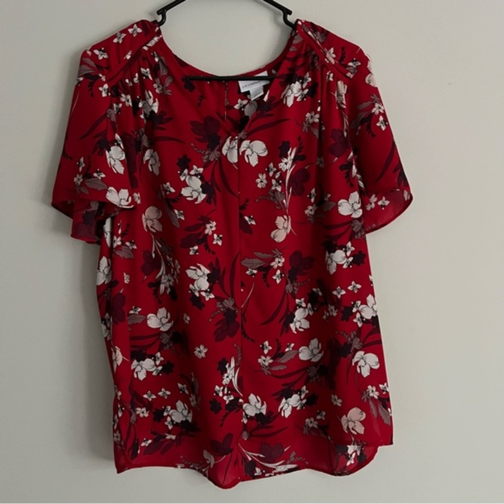 Liz Claiborne Red White Floral Print V Neck Sheer Blouse